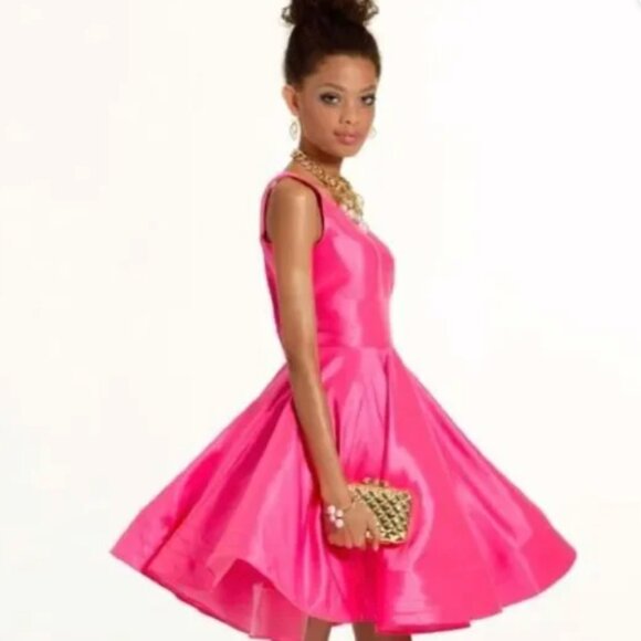 Mac Duggal V NECK FIT & FLARE MINI DRESS Lipstick Pink Sz 2 - Picture 2 of 4